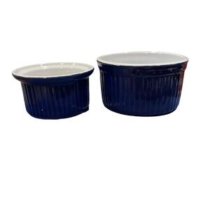 2 Emile Henry Ceramic Custard Souffle Ramekins 3.5" 4" Blue Baking Dish Cups